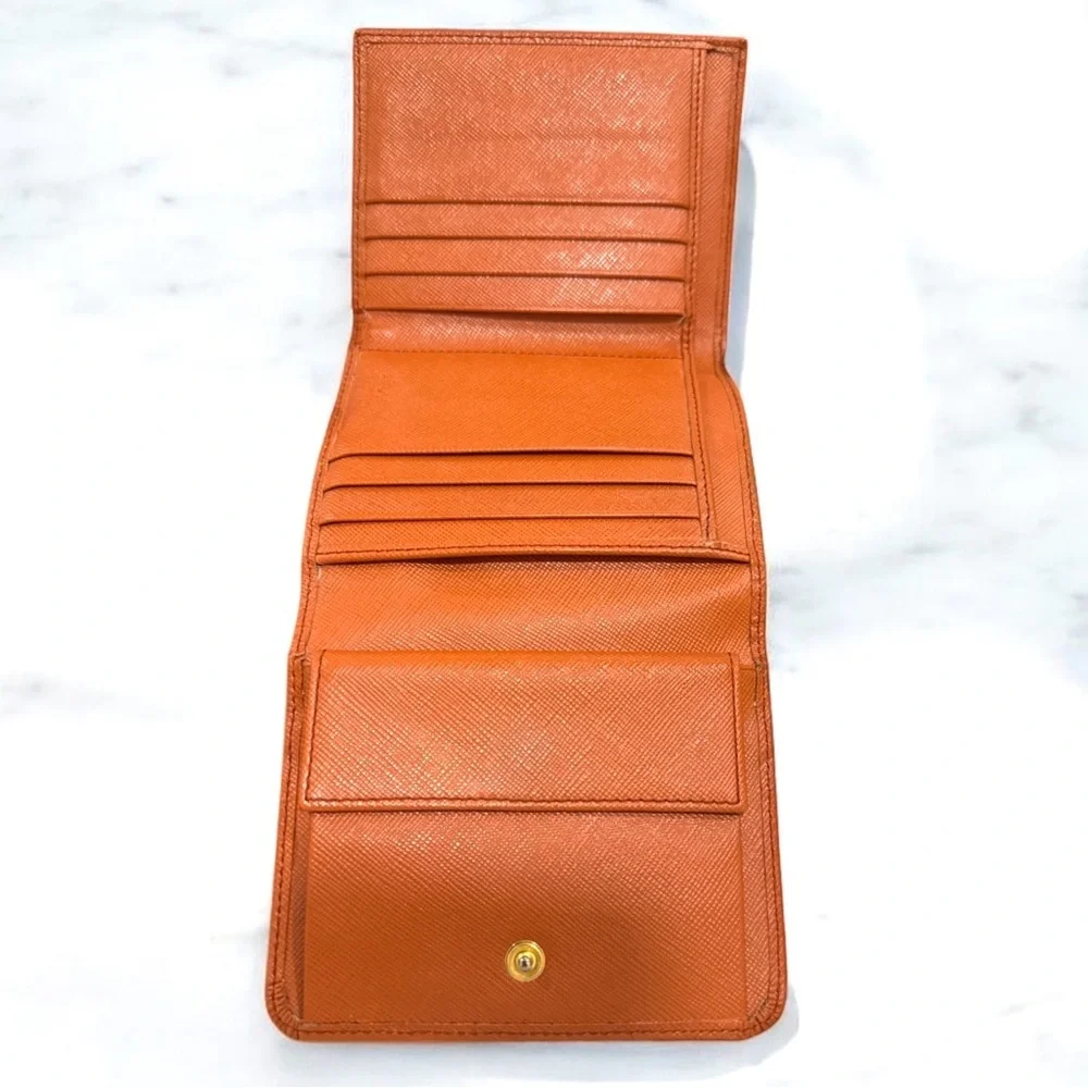 PRADA Saffiano Leather Bifold Wallet Orange Gold Logo Designer Authentic Compact - Picture 8 of 11
